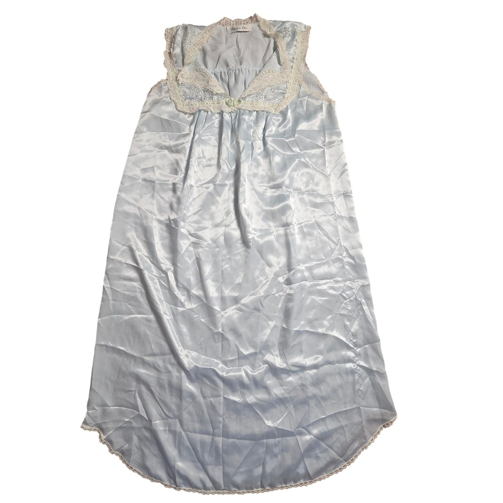 Vintage Christian Dior Satin Nightgown Lace Trim Sleeveless M Retro Peignoir